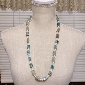 Stretch green turquoise stone gem fashion jewelry necklace / bracelet size 28”